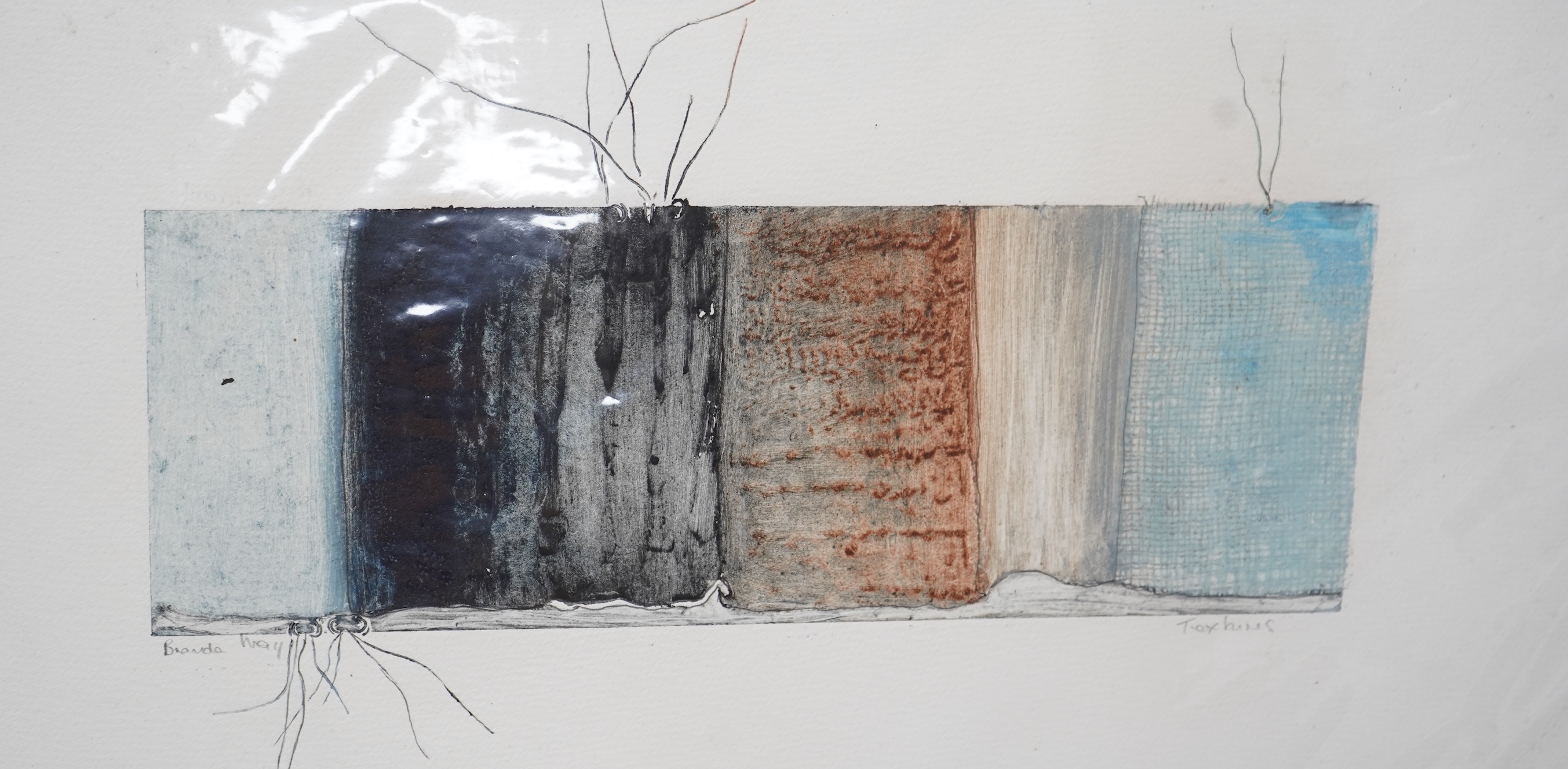 Brenda May (Modern British), a collection of four works to include an abstract collage, ‘Salvaged from the fire I’ and two pencil signed prints, one titled ‘Last Look’, one framed, largest 60 x 45cm
